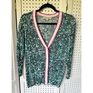 Loft M Cardigan Sweater Lightweight Green Pink White Paisley V Neck NEW